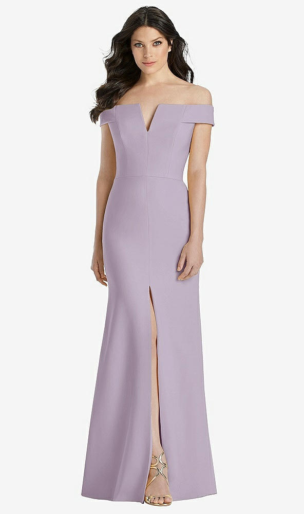 Front View - Lilac Haze Off-the-Shoulder Notch Trumpet Gown with Front Slit