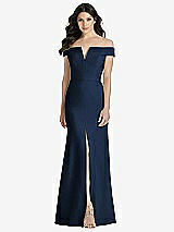 Front View Thumbnail - Midnight Navy Off-the-Shoulder Notch Trumpet Gown with Front Slit