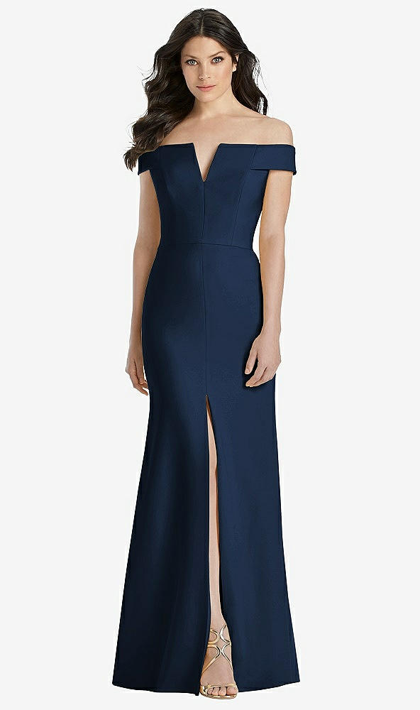 Front View - Midnight Navy Off-the-Shoulder Notch Trumpet Gown with Front Slit