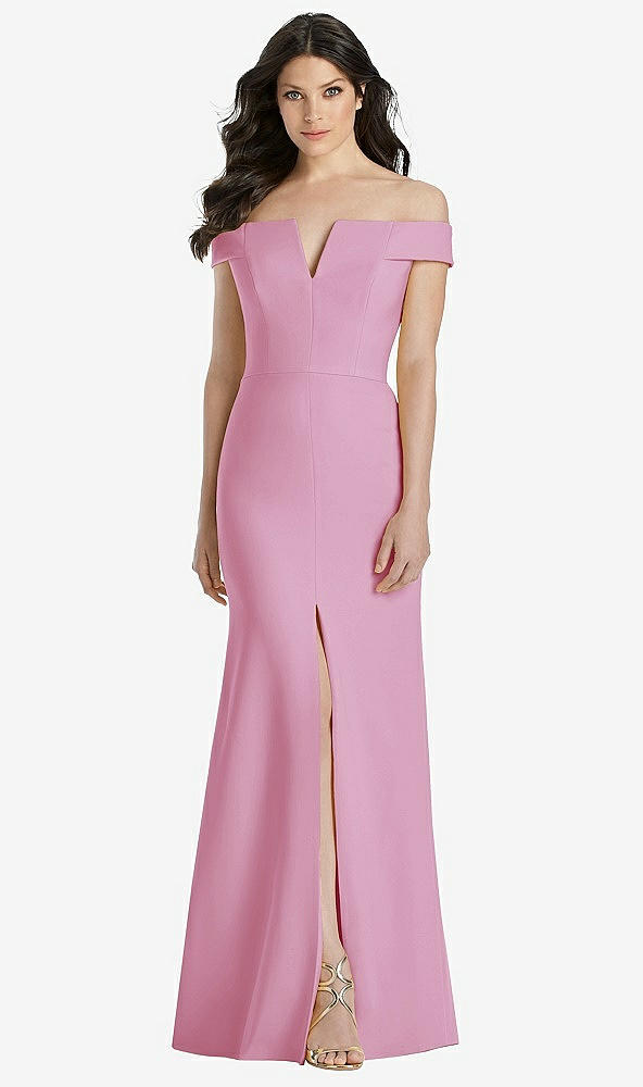 Front View - Powder Pink Off-the-Shoulder Notch Trumpet Gown with Front Slit
