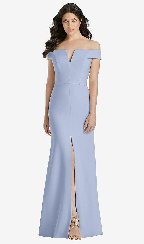 Front View - Sky Blue Off-the-Shoulder Notch Trumpet Gown with Front Slit