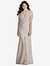 Front View Thumbnail - Taupe Off-the-Shoulder Notch Trumpet Gown with Front Slit