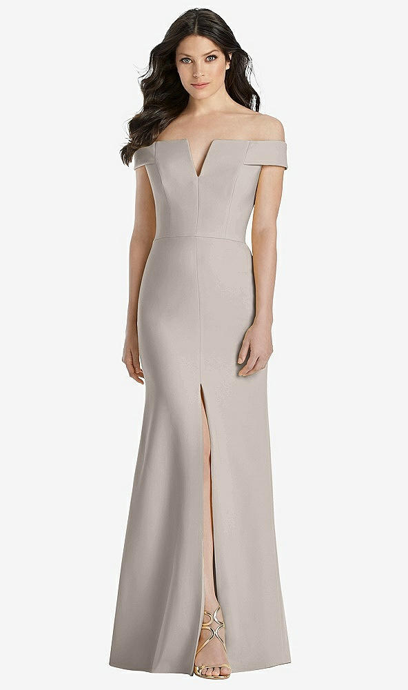 Front View - Taupe Off-the-Shoulder Notch Trumpet Gown with Front Slit