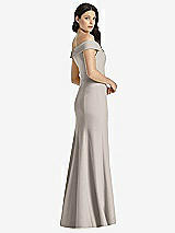 Rear View Thumbnail - Taupe Off-the-Shoulder Notch Trumpet Gown with Front Slit