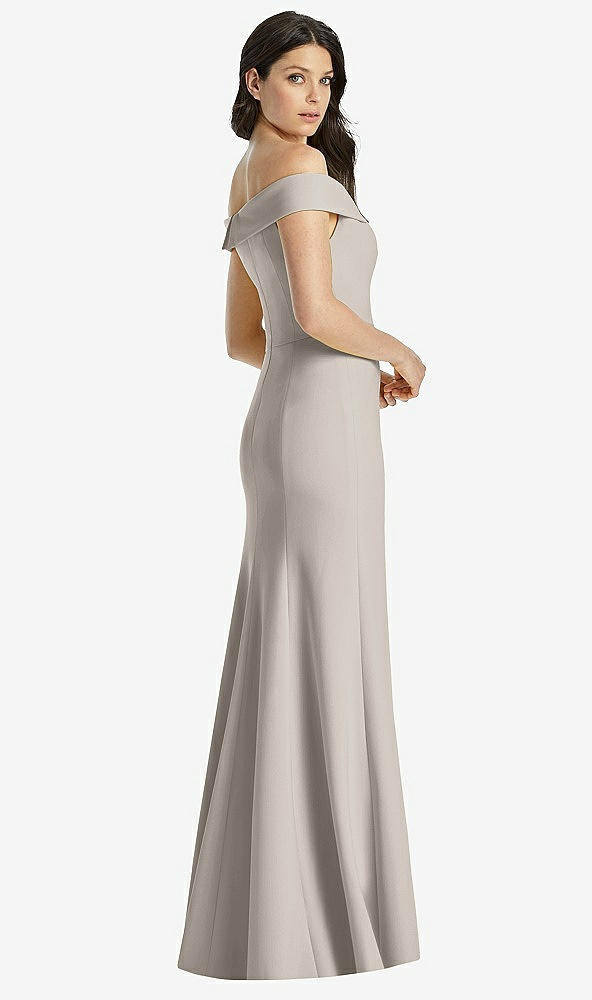 Back View - Taupe Off-the-Shoulder Notch Trumpet Gown with Front Slit