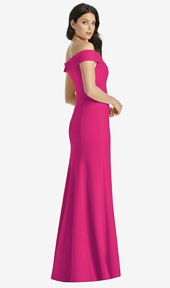 Back View - Think Pink Off-the-Shoulder Notch Trumpet Gown with Front Slit