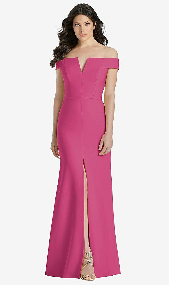 Front View - Tea Rose Off-the-Shoulder Notch Trumpet Gown with Front Slit