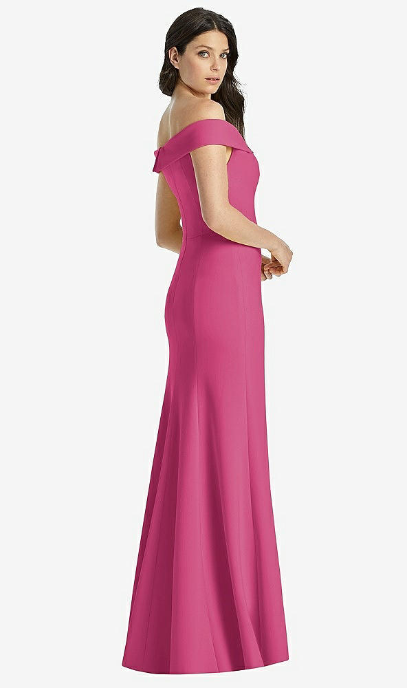 Back View - Tea Rose Off-the-Shoulder Notch Trumpet Gown with Front Slit