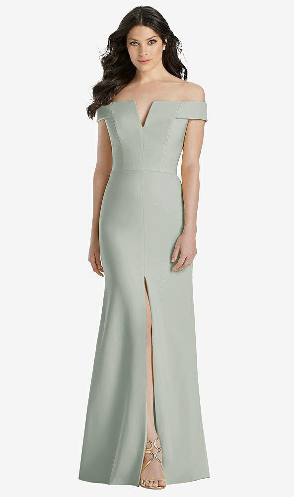 Front View - Willow Green Off-the-Shoulder Notch Trumpet Gown with Front Slit