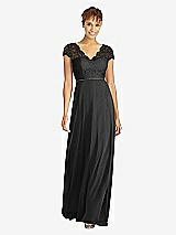 Front View Thumbnail - Black & Black Cap Sleeve Illusion-Back Lace and Chiffon Dress