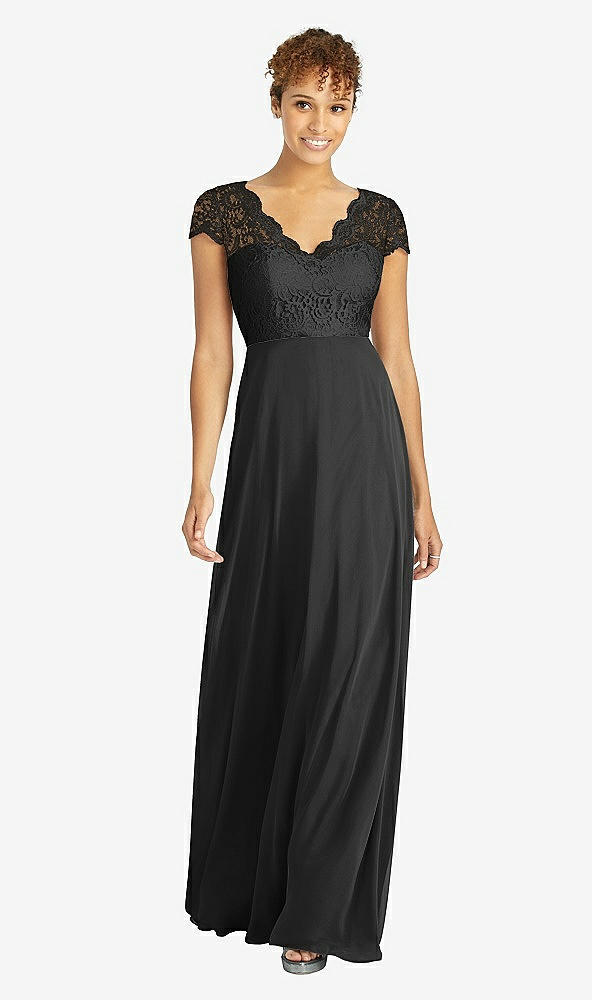 Front View - Black & Black Cap Sleeve Illusion-Back Lace and Chiffon Dress