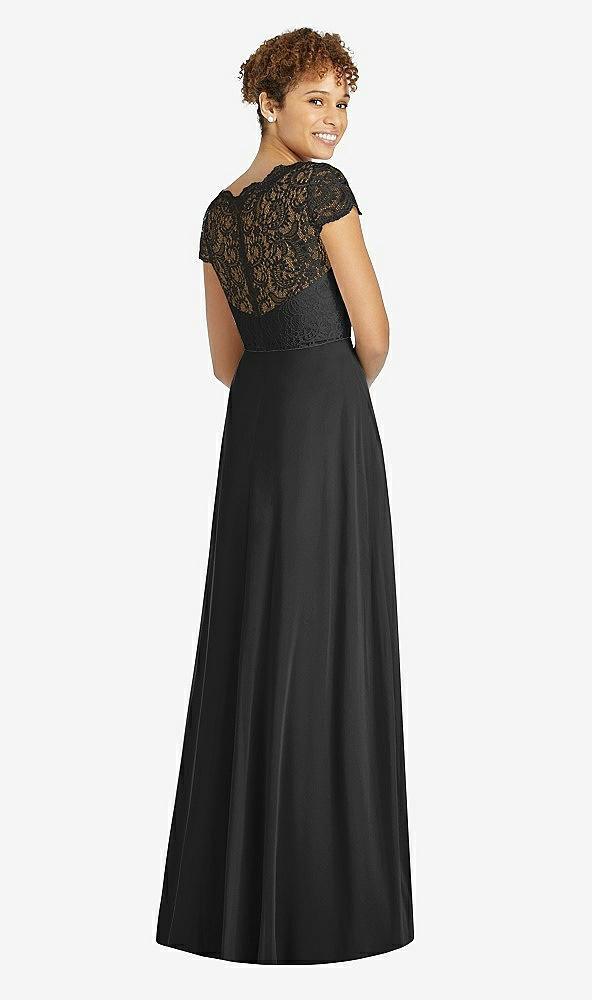 Back View - Black & Black Cap Sleeve Illusion-Back Lace and Chiffon Dress