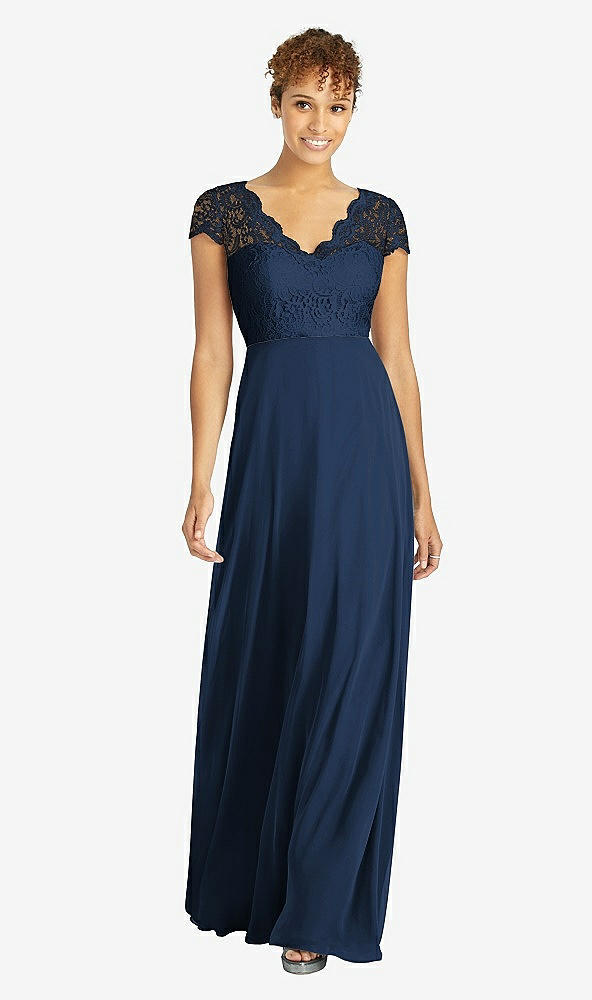 Front View - Midnight Navy & Midnight Navy Cap Sleeve Illusion-Back Lace and Chiffon Dress