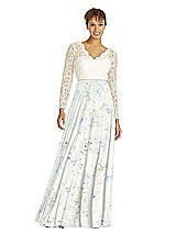 Front View Thumbnail - Bleu Garden & Ivory Long Sleeve Illusion-Back Lace and Chiffon Dress