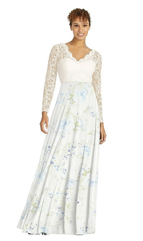 Front View - Bleu Garden & Ivory Long Sleeve Illusion-Back Lace and Chiffon Dress