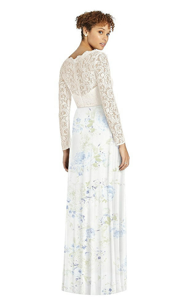 Back View - Bleu Garden & Ivory Long Sleeve Illusion-Back Lace and Chiffon Dress