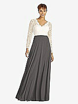 Front View Thumbnail - Caviar Gray & Ivory Long Sleeve Illusion-Back Lace and Chiffon Dress
