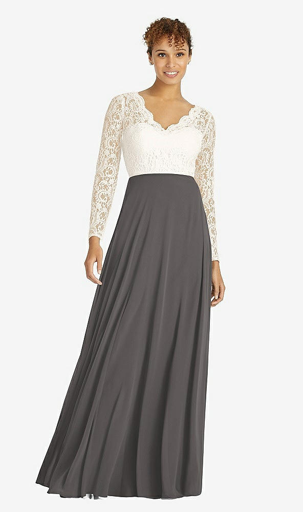 Front View - Caviar Gray & Ivory Long Sleeve Illusion-Back Lace and Chiffon Dress