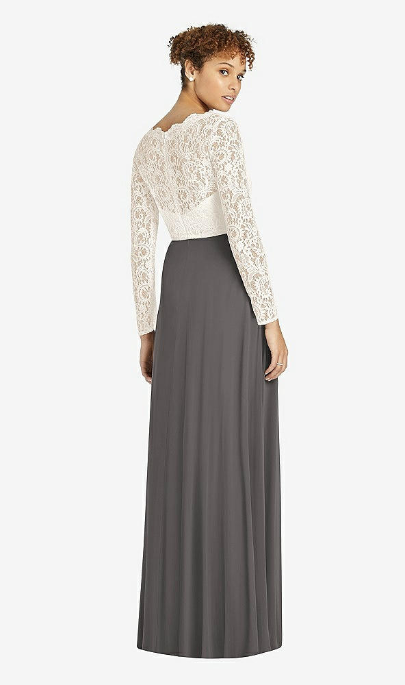 Back View - Caviar Gray & Ivory Long Sleeve Illusion-Back Lace and Chiffon Dress