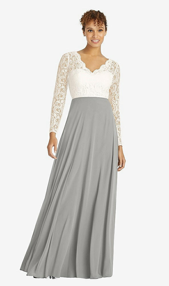 Front View - Chelsea Gray & Ivory Long Sleeve Illusion-Back Lace and Chiffon Dress
