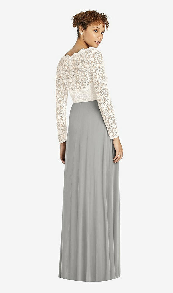 Back View - Chelsea Gray & Ivory Long Sleeve Illusion-Back Lace and Chiffon Dress