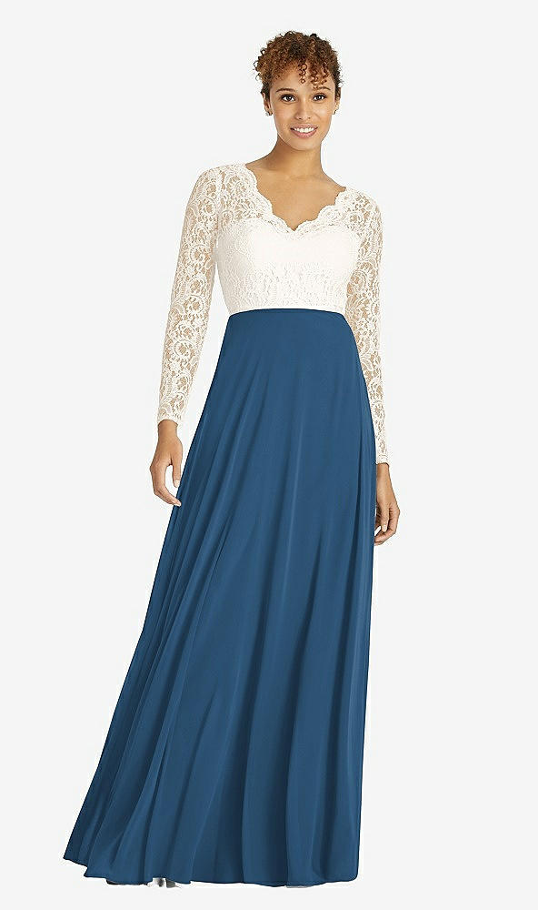 Front View - Dusk Blue & Ivory Long Sleeve Illusion-Back Lace and Chiffon Dress