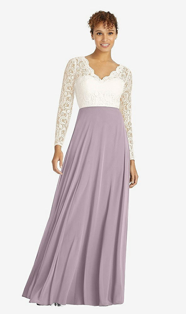 Front View - Lilac Dusk & Ivory Long Sleeve Illusion-Back Lace and Chiffon Dress