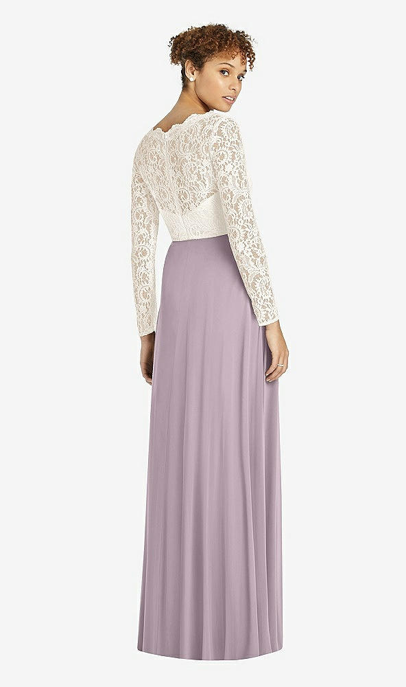 Back View - Lilac Dusk & Ivory Long Sleeve Illusion-Back Lace and Chiffon Dress