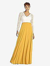 Front View Thumbnail - NYC Yellow & Ivory Long Sleeve Illusion-Back Lace and Chiffon Dress