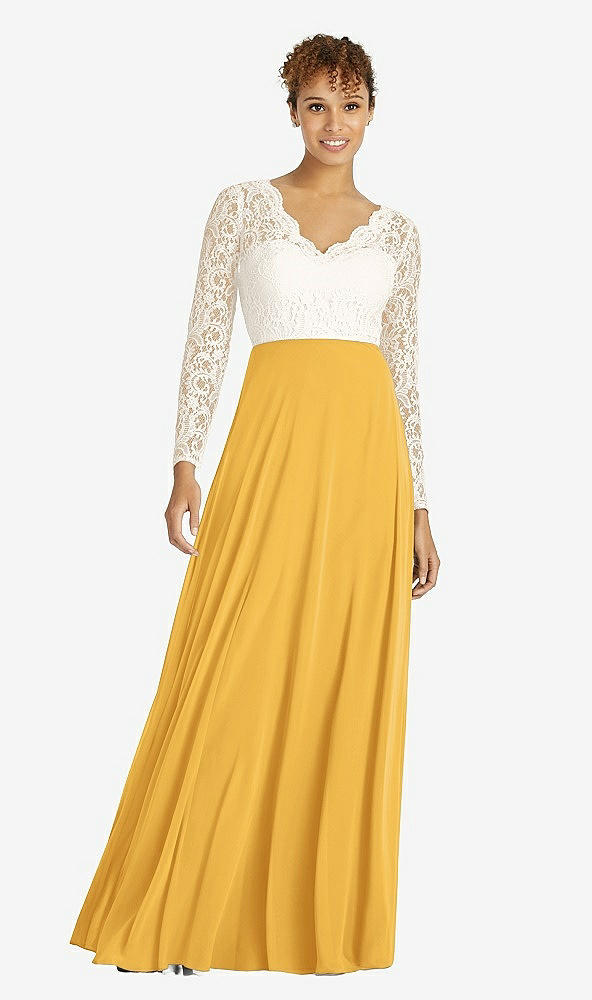 Front View - NYC Yellow & Ivory Long Sleeve Illusion-Back Lace and Chiffon Dress