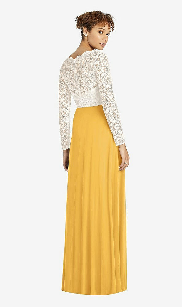 Back View - NYC Yellow & Ivory Long Sleeve Illusion-Back Lace and Chiffon Dress