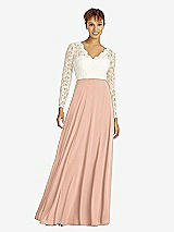 Front View Thumbnail - Pale Peach & Ivory Long Sleeve Illusion-Back Lace and Chiffon Dress