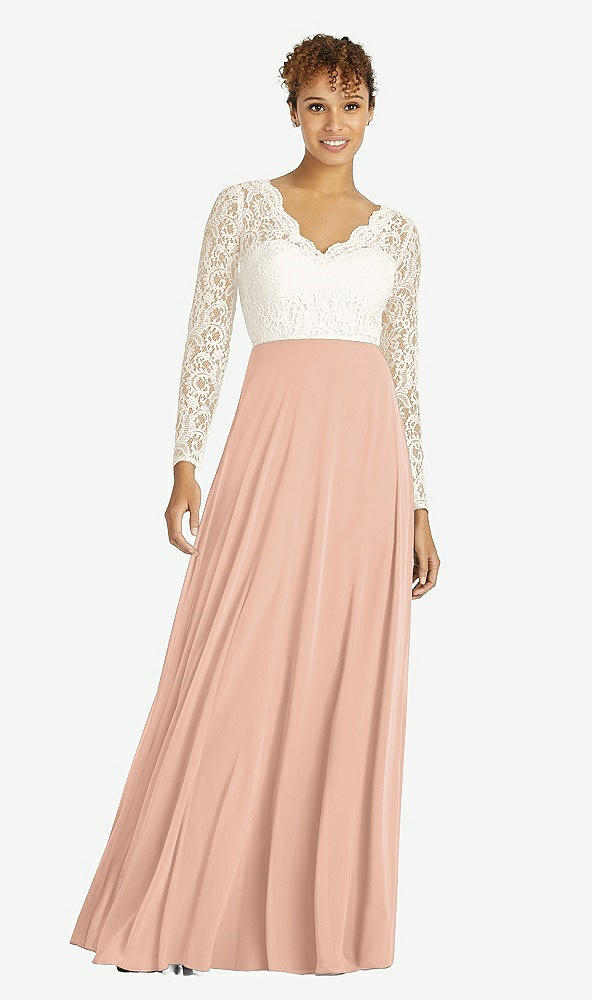 Front View - Pale Peach & Ivory Long Sleeve Illusion-Back Lace and Chiffon Dress