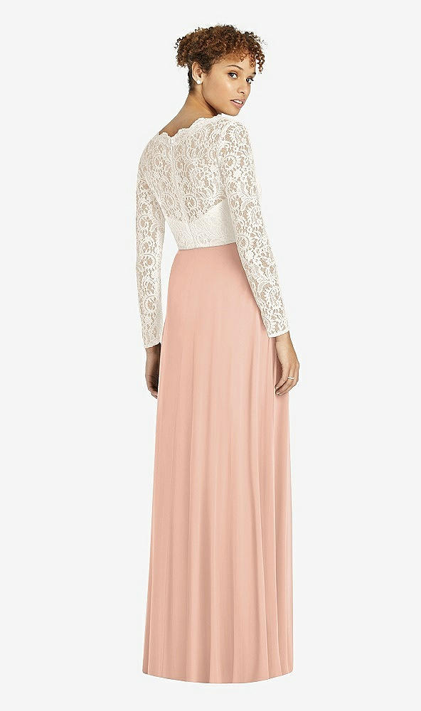 Back View - Pale Peach & Ivory Long Sleeve Illusion-Back Lace and Chiffon Dress