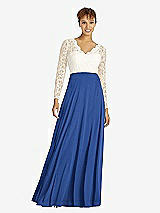 Front View Thumbnail - Classic Blue & Ivory Long Sleeve Illusion-Back Lace and Chiffon Dress