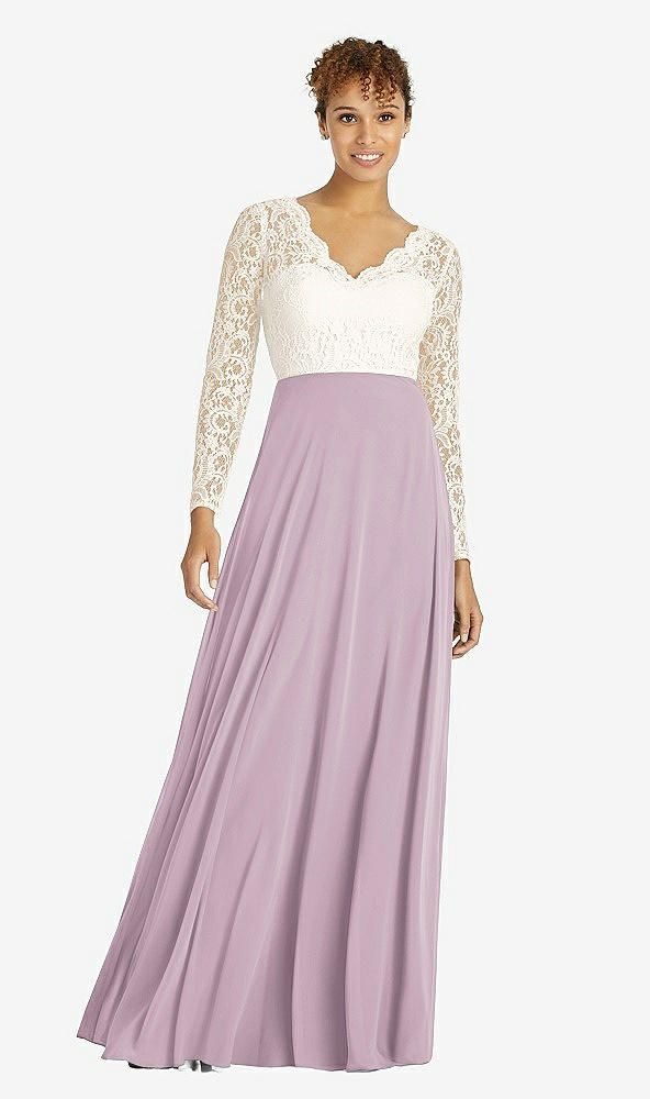 Front View - Suede Rose & Ivory Long Sleeve Illusion-Back Lace and Chiffon Dress