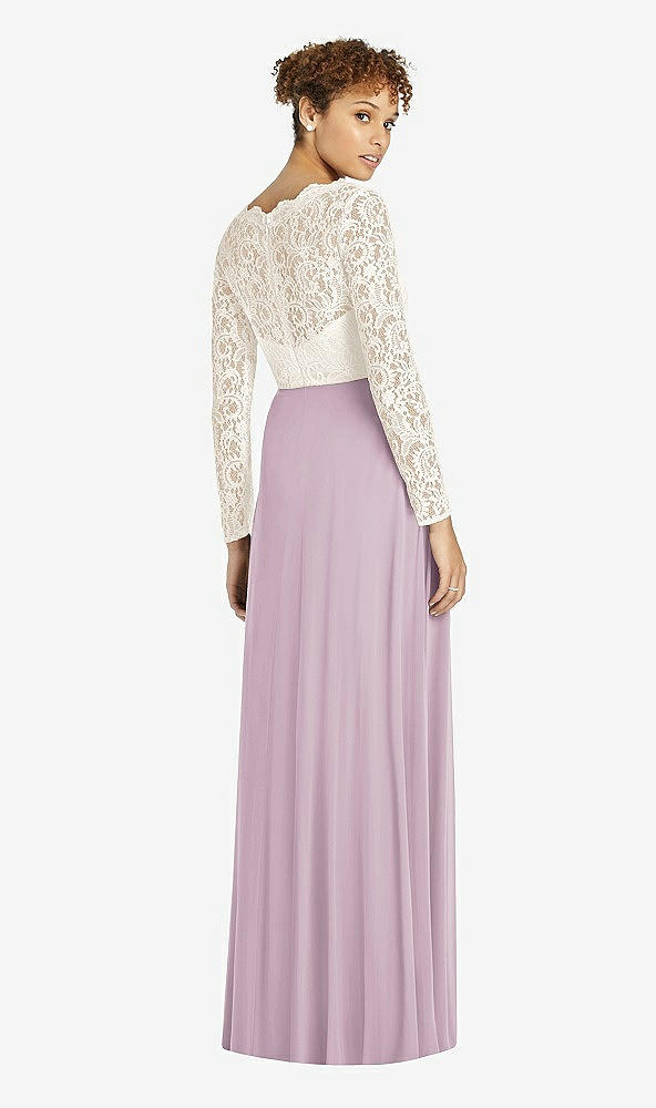 Back View - Suede Rose & Ivory Long Sleeve Illusion-Back Lace and Chiffon Dress