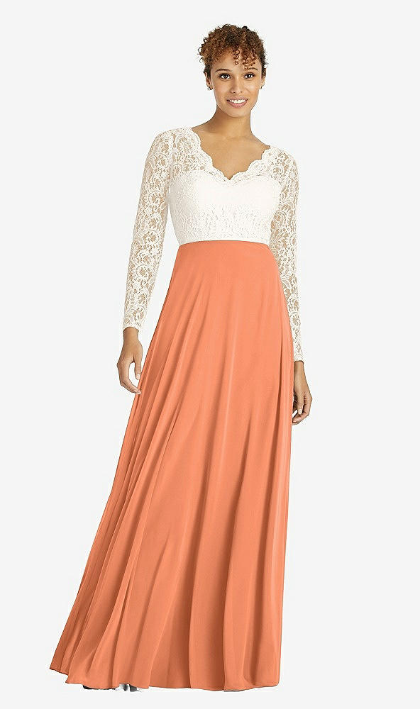 Front View - Sweet Melon & Ivory Long Sleeve Illusion-Back Lace and Chiffon Dress