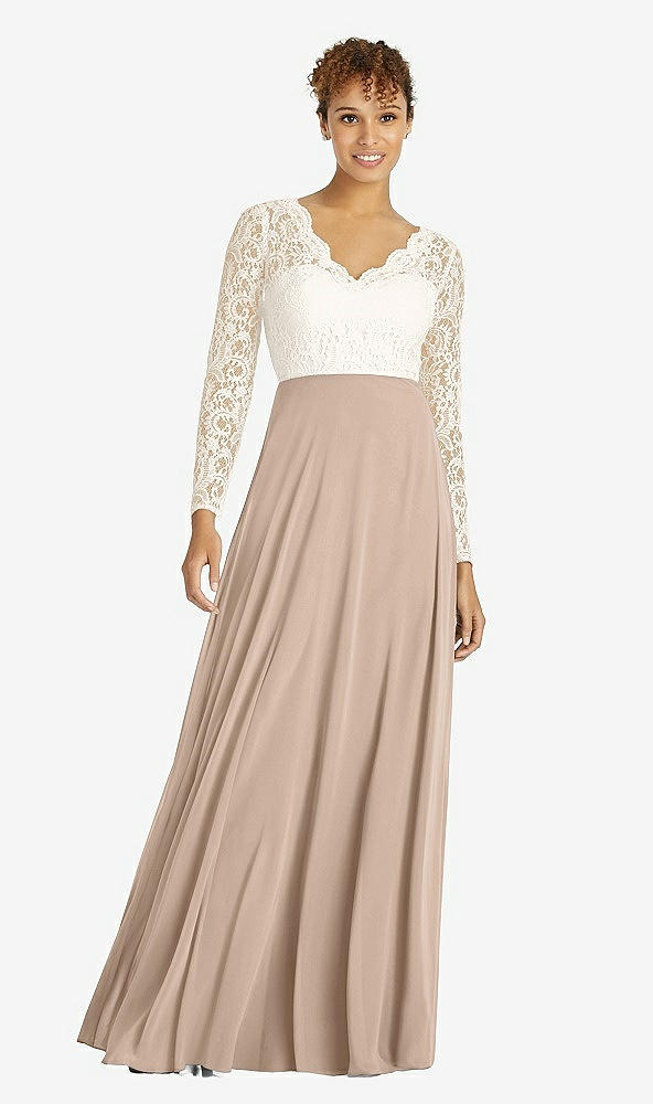 Front View - Topaz & Ivory Long Sleeve Illusion-Back Lace and Chiffon Dress
