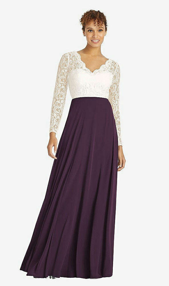 Front View - Aubergine & Ivory Long Sleeve Illusion-Back Lace and Chiffon Dress
