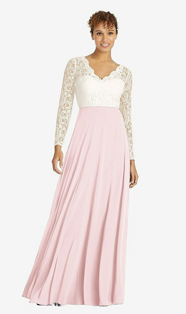 Front View - Ballet Pink & Ivory Long Sleeve Illusion-Back Lace and Chiffon Dress