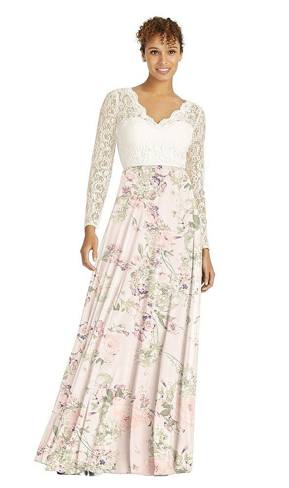 Front View - Blush Garden & Ivory Long Sleeve Illusion-Back Lace and Chiffon Dress