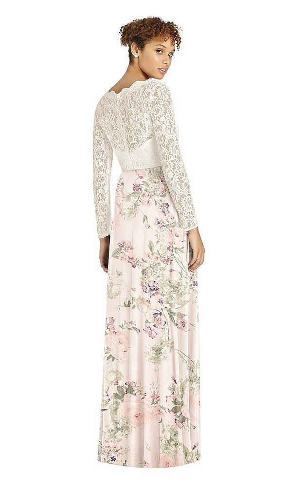 Back View - Blush Garden & Ivory Long Sleeve Illusion-Back Lace and Chiffon Dress