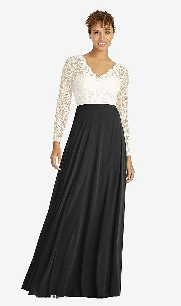 Front View - Black & Ivory Long Sleeve Illusion-Back Lace and Chiffon Dress
