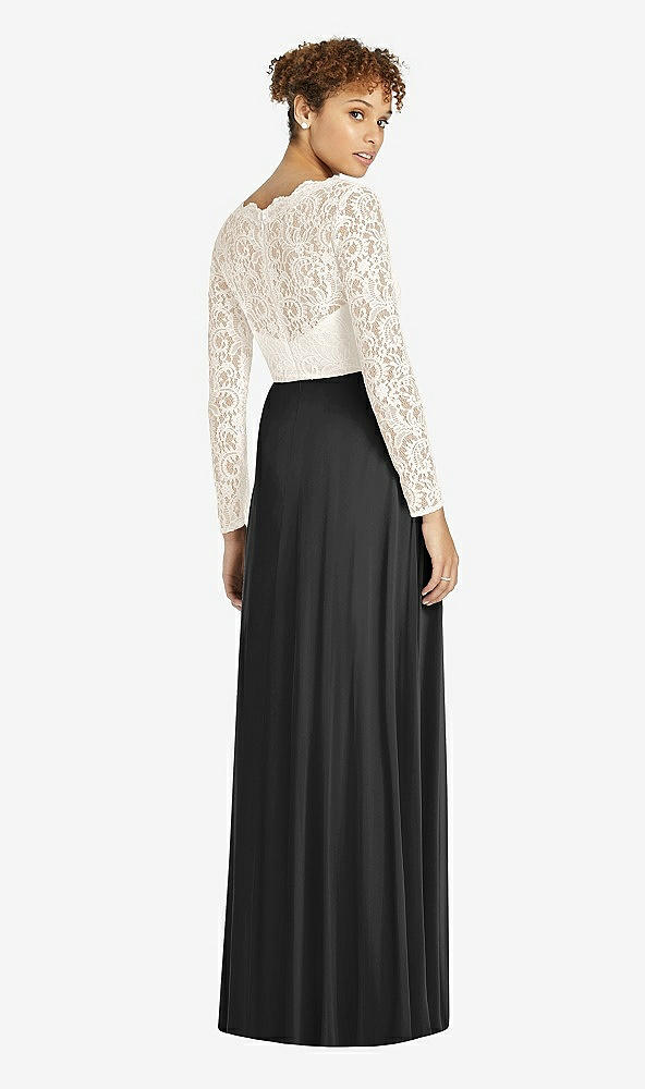 Back View - Black & Ivory Long Sleeve Illusion-Back Lace and Chiffon Dress