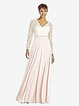 Front View Thumbnail - Blush & Ivory Long Sleeve Illusion-Back Lace and Chiffon Dress
