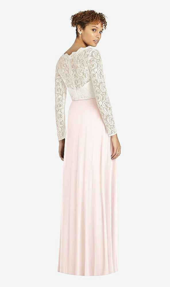 Back View - Blush & Ivory Long Sleeve Illusion-Back Lace and Chiffon Dress