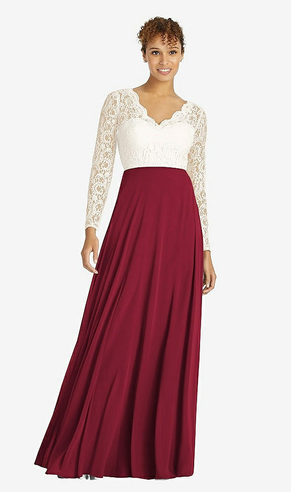 Front View - Burgundy & Ivory Long Sleeve Illusion-Back Lace and Chiffon Dress