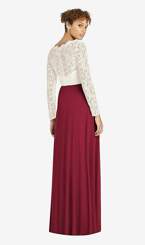 Back View - Burgundy & Ivory Long Sleeve Illusion-Back Lace and Chiffon Dress