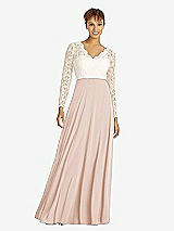 Front View Thumbnail - Cameo & Ivory Long Sleeve Illusion-Back Lace and Chiffon Dress